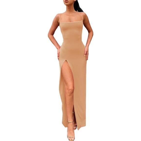 Dresses & Skirts - Women's Spaghetti Strap Bodycon Maxi Dress Long Formal Thigh-high Slit